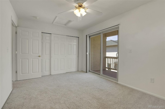 unfurnished bedroom featuring ceiling fan, light carpet, access to outside, and a closet