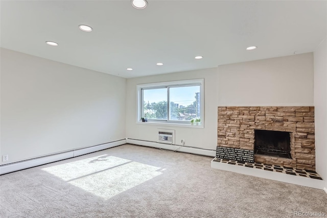 unfurnished living room with a fireplace, baseboard heating, and carpet flooring