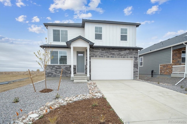 13467 Valentia St, Thornton, CO 80602 - view of front facade with an attached garage, board and batten siding, stone siding, and driveway