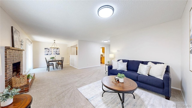 1820 W 104th Pl, Northglenn, CO 80234 - living room with light carpet, a textured ceiling, and a brick fireplace