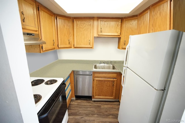 kitchen with dishwasher, electric stove, freestanding refrigerator, under cabinet range hood, and a sink