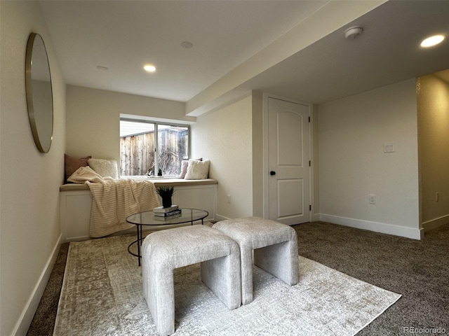 living area featuring carpet flooring