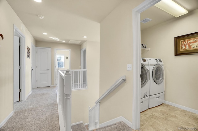 laundry room featuring baseboards, visible vents, laundry area, recessed lighting, and washer and dryer