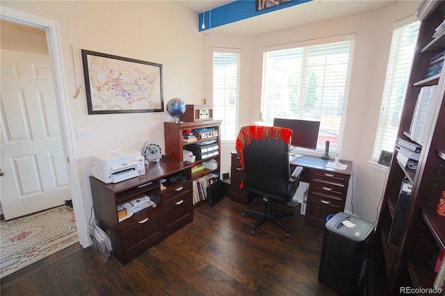 office with dark hardwood / wood-style floors