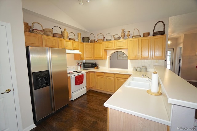 kitchen featuring light brown cabinets, lofted ceiling, sink, stainless steel appliances, and dark hardwood / wood-style flooring