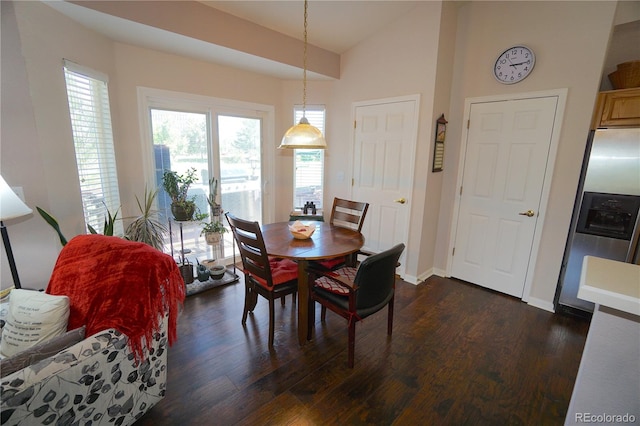 dining space featuring lofted ceiling and dark wood-type flooring