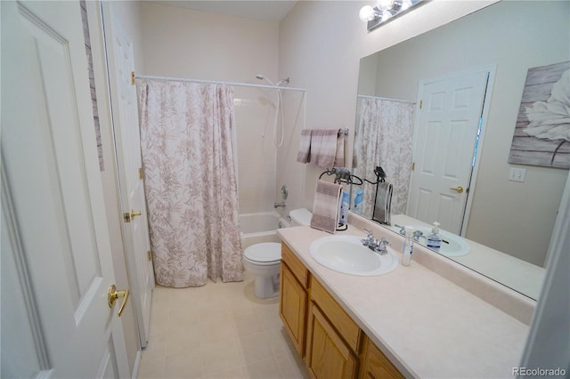 full bathroom with vanity, shower / bath combo with shower curtain, and toilet