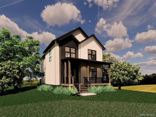 view of front of house featuring a porch and a front lawn