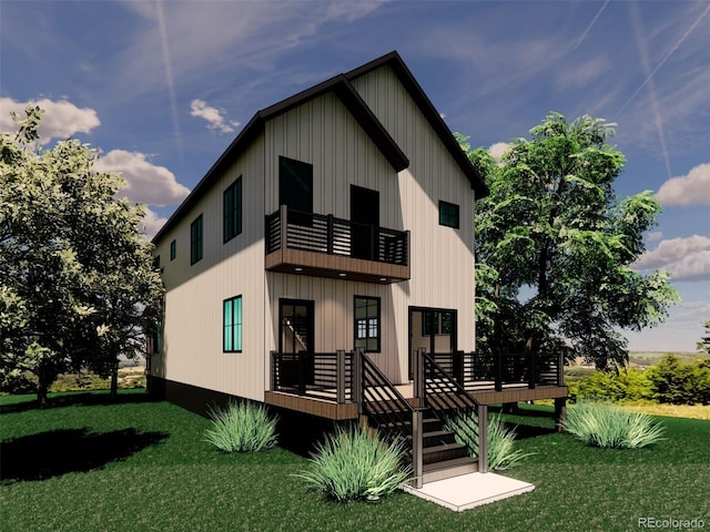 view of front of home with a balcony and a front yard