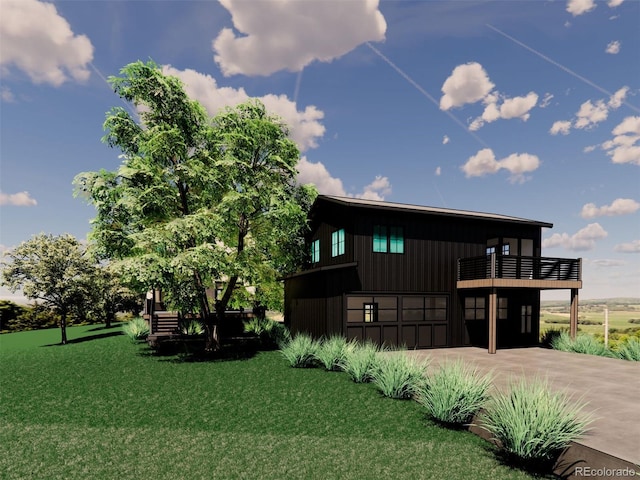 view of side of home featuring concrete driveway, a balcony, a lawn, and board and batten siding