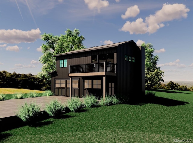 view of front of house featuring a garage, a balcony, driveway, and a front lawn