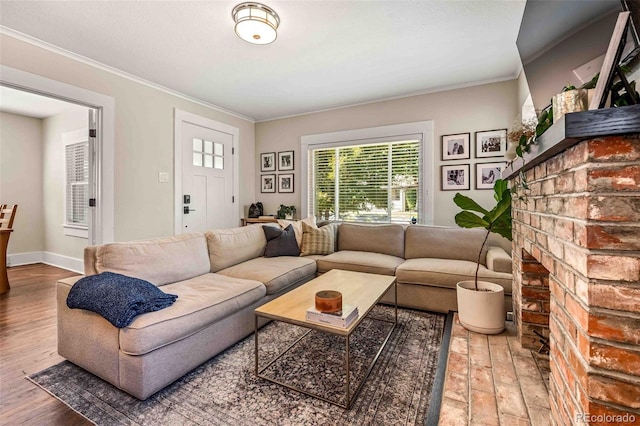 living room featuring crown molding, a fireplace, and hardwood / wood-style flooring