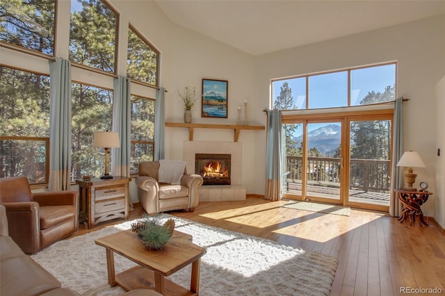 living room with a tiled fireplace, a mountain view, high vaulted ceiling, and hardwood / wood-style floors
