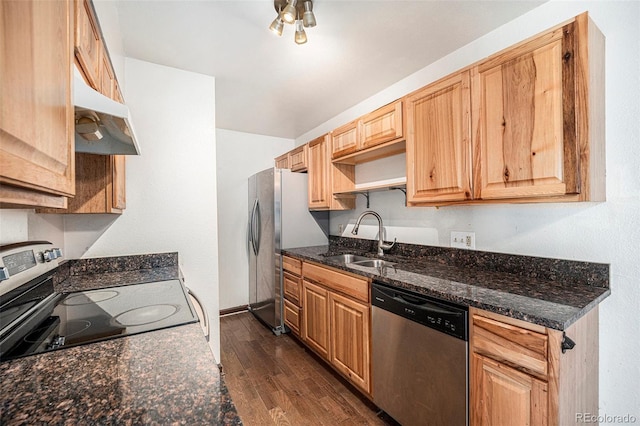 kitchen with a sink, stainless steel appliances, dark stone counters, under cabinet range hood, and dark wood-style flooring