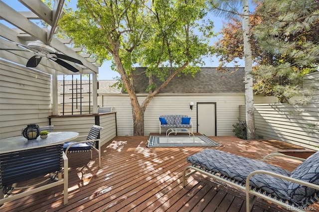 345 Harrison St, Denver, CO 80206 - deck featuring a pergola, outdoor dining space, and a ceiling fan