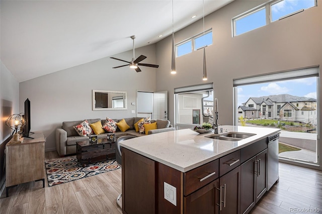 kitchen featuring dishwasher, sink, high vaulted ceiling, and light hardwood / wood-style flooring