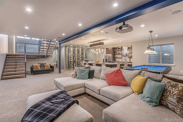 living room featuring carpet flooring and pool table