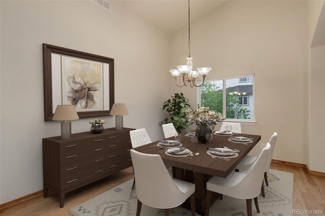 14910 Williams St, Thornton, CO 80602 - dining space with a chandelier, light wood finished floors, and high vaulted ceiling