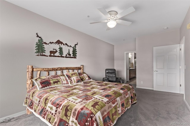 bedroom with ceiling fan, carpet flooring, and baseboards