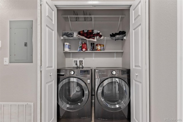 laundry room with electric panel, laundry area, washing machine and dryer, and visible vents