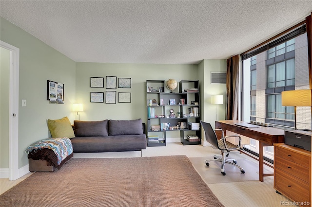 office space with a textured ceiling and light carpet