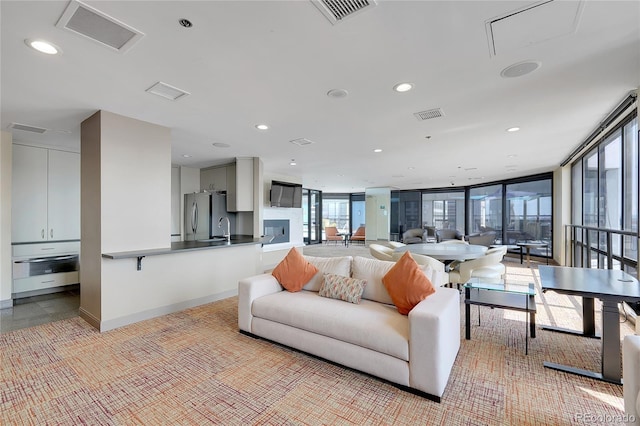 living room featuring sink and a wall of windows