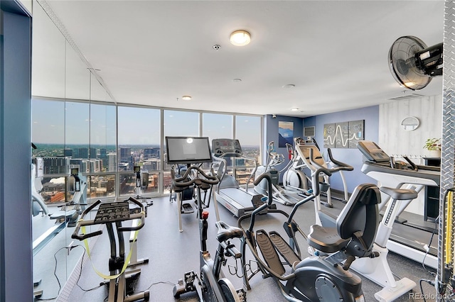 exercise room featuring floor to ceiling windows