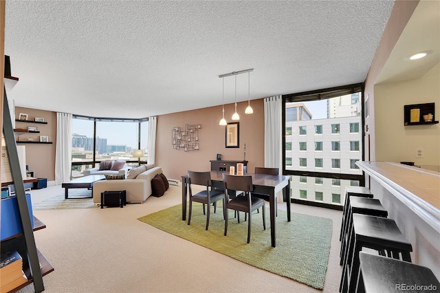 carpeted dining room featuring a textured ceiling and expansive windows