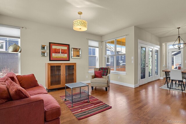 living area featuring plenty of natural light, baseboards, wood finished floors, and french doors