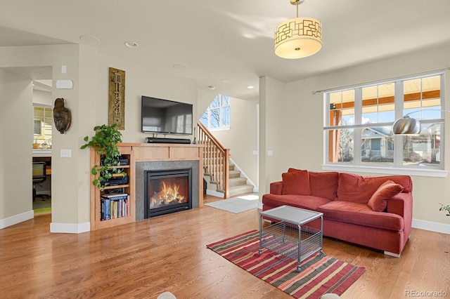 living room featuring a healthy amount of sunlight, a fireplace, and wood finished floors