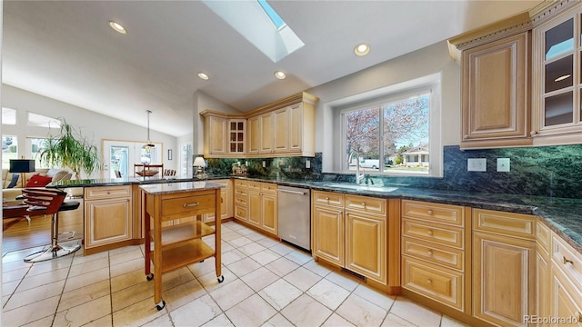 9559 Brook Hill Ln, Lone Tree, CO 80124 - kitchen with dishwasher, a sink, vaulted ceiling, backsplash, and glass insert cabinets