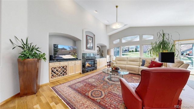 9559 Brook Hill Ln, Lone Tree, CO 80124 - living area with a fireplace, healthy amount of natural light, light wood-type flooring, and a towering ceiling