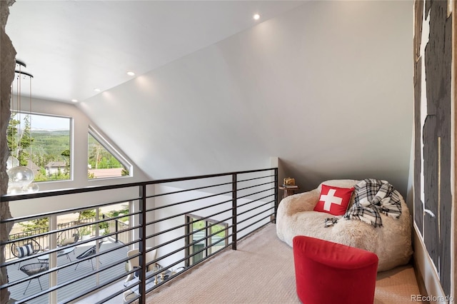 189 Pine Cone Ln, Winter Park, CO 80482 - sitting room with carpet floors, vaulted ceiling, and recessed lighting