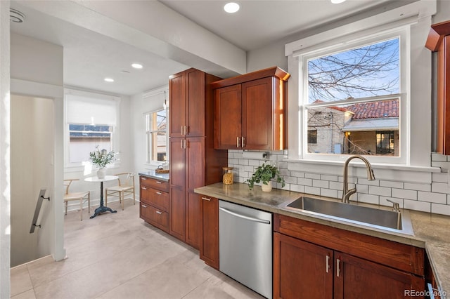 kitchen with stainless steel dishwasher, plenty of natural light, sink, and backsplash