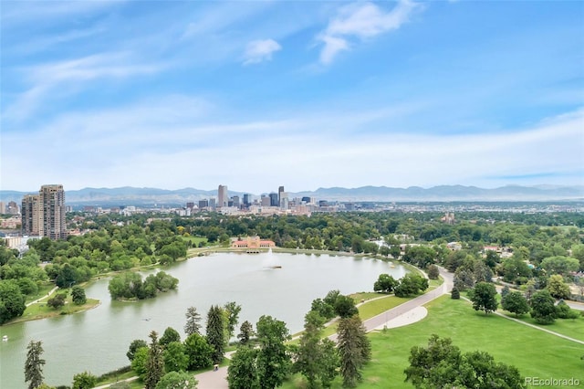 aerial view with a water and mountain view