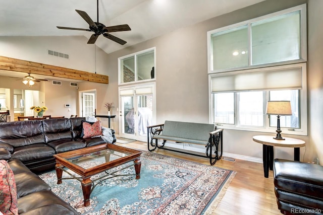 7877 S University Way, Centennial, CO 80122 - living room with ceiling fan, wood finished floors, plenty of natural light, high vaulted ceiling, and baseboards