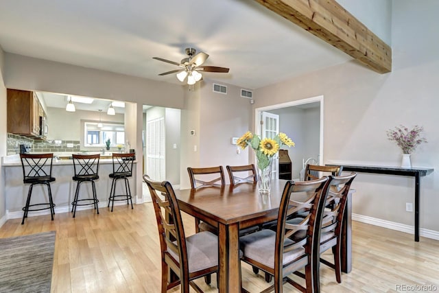7877 S University Way, Centennial, CO 80122 - dining area with light wood-style flooring, a ceiling fan, baseboards, and beam ceiling