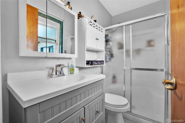 7003 Cleveland Ct, Colorado Springs, CO 80911 - bathroom with vanity, a stall shower, and toilet