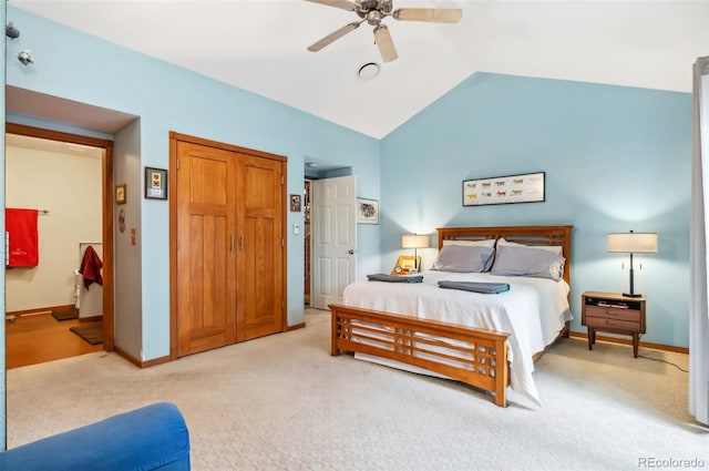 bedroom with carpet, vaulted ceiling, and ceiling fan