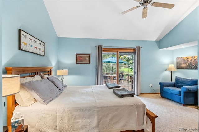 bedroom featuring light carpet, lofted ceiling, access to exterior, and ceiling fan