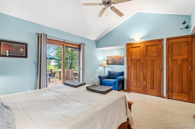 carpeted bedroom featuring lofted ceiling, access to outside, and ceiling fan