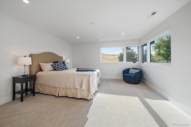 bedroom with light carpet