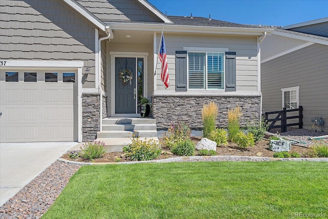 property entrance with a yard and a garage