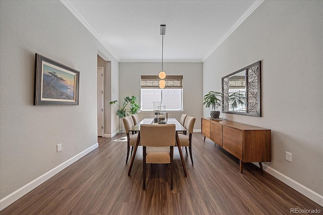 dining area with crown molding and dark hardwood / wood-style flooring