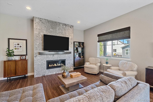 living room with a large fireplace and wood-type flooring