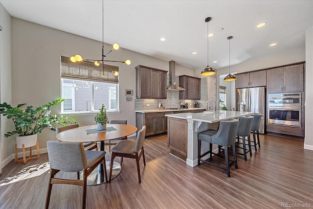 kitchen with wall chimney exhaust hood, pendant lighting, a kitchen island with sink, backsplash, and appliances with stainless steel finishes