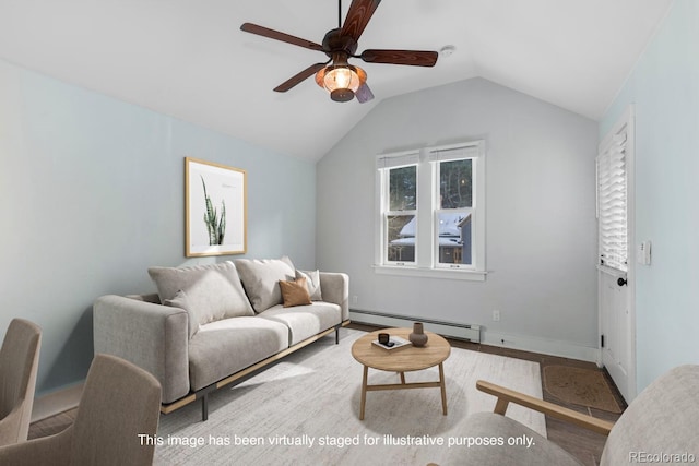 401 Chase St, Black Hawk, CO 80422 - living area featuring baseboard heating, ceiling fan, vaulted ceiling, wood finished floors, and baseboards