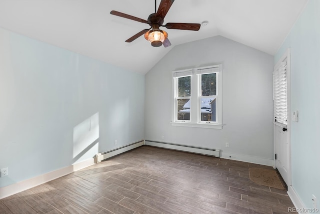 401 Chase St, Black Hawk, CO 80422 - spare room with a ceiling fan, wood finished floors, vaulted ceiling, a baseboard radiator, and baseboards