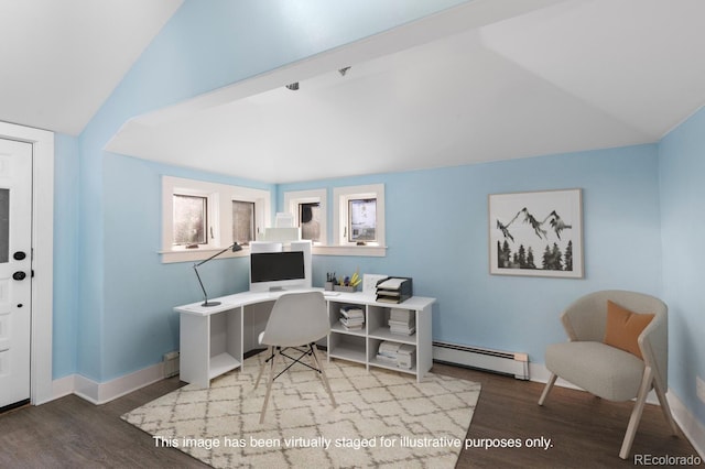 401 Chase St, Black Hawk, CO 80422 - office with wood finished floors, vaulted ceiling, baseboard heating, and baseboards