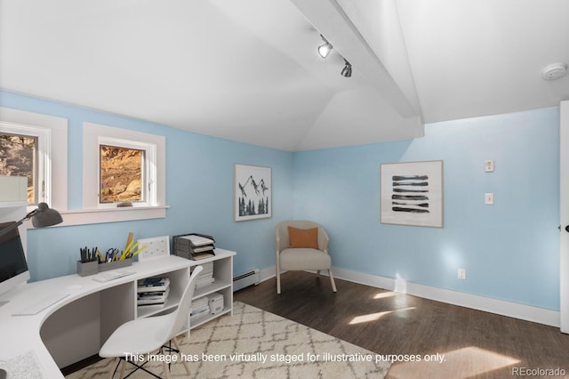 401 Chase St, Black Hawk, CO 80422 - office area featuring wood finished floors, lofted ceiling, baseboard heating, and baseboards